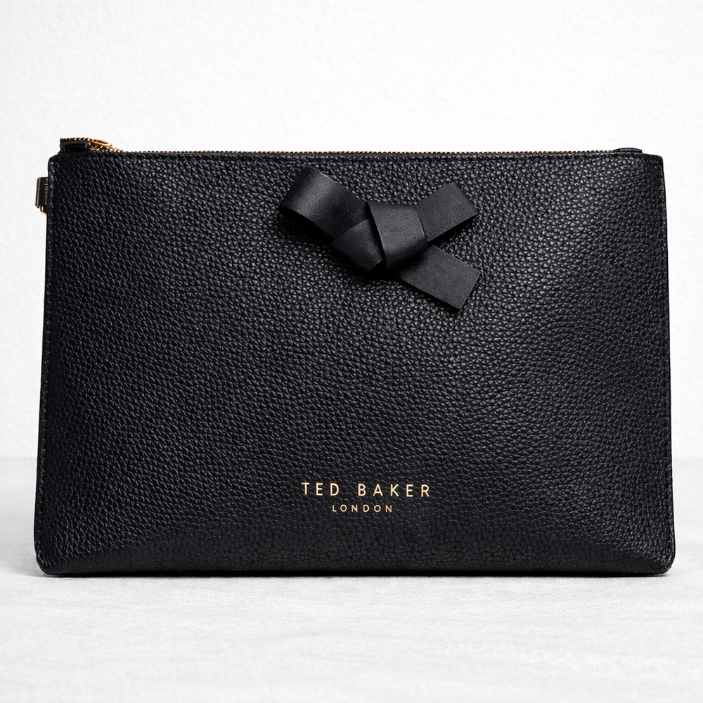 Ted Baker London Black Pebbled Leather Bow Clutch Cosmetic Bag NWOT